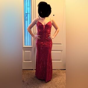 Red Beaded Spaghetti-Strap Evening Gown